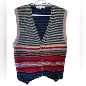 Vintage Cathy Hardwick 100% Wool Striped Sweater Vest Button Front Size S